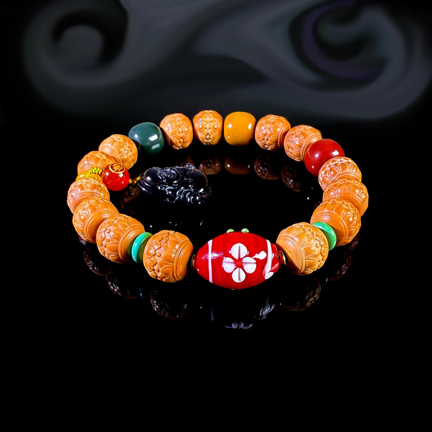Natural Monkey Head Walnut Twin Lotus Carving Bracelet #032