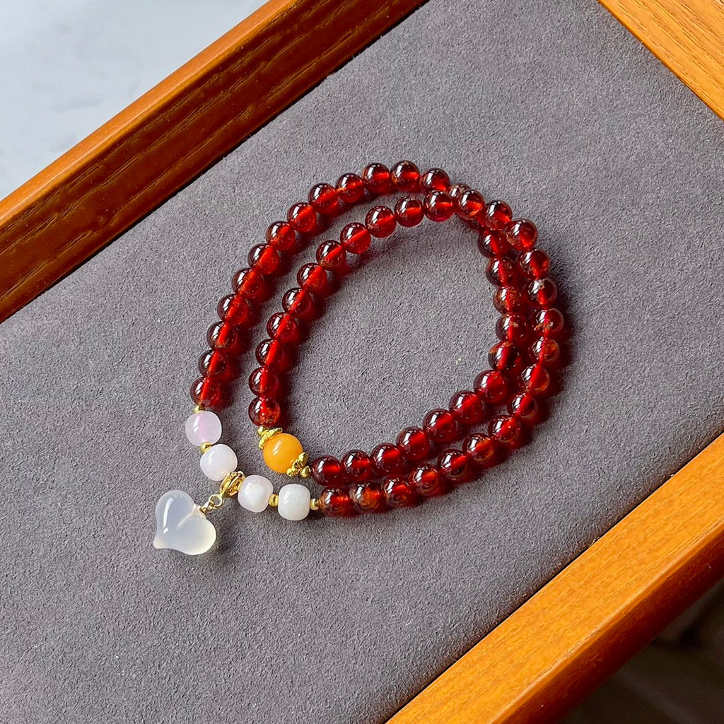 White agate Heart shaped cute pendant, natural garnet bracelet #015