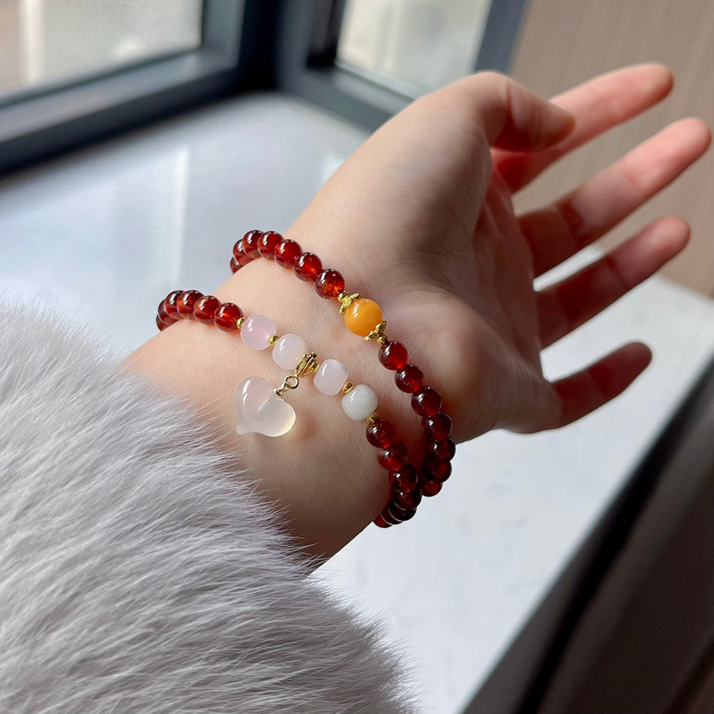 White agate Heart shaped cute pendant, natural garnet bracelet #015