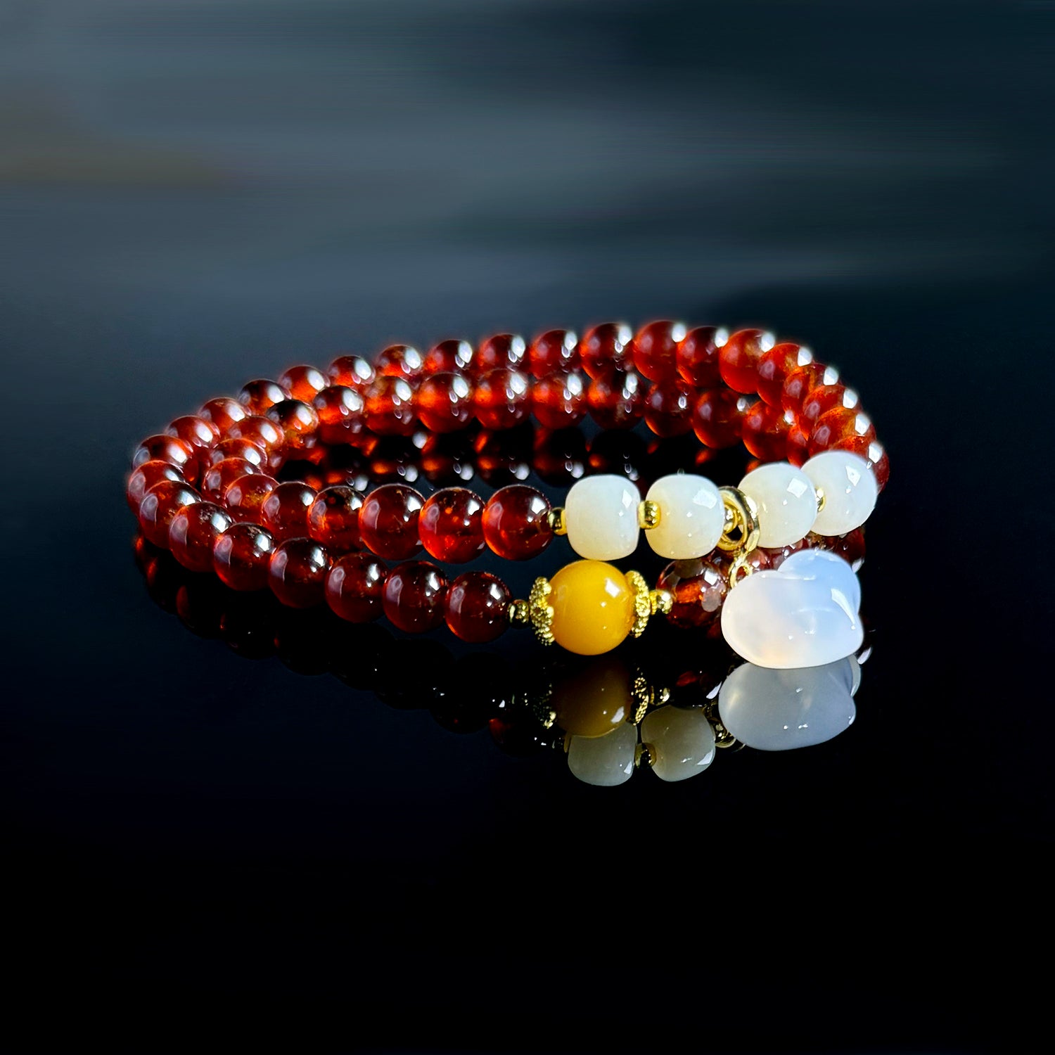White agate Heart shaped cute pendant, natural garnet bracelet #015