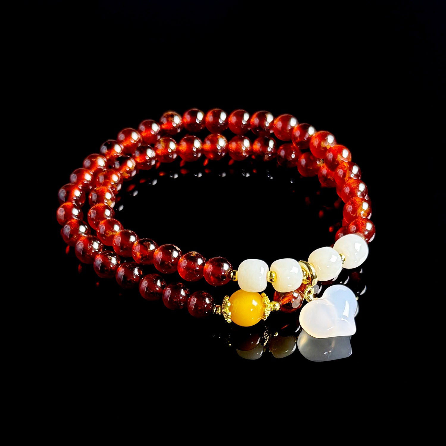 White agate Heart shaped cute pendant, natural garnet bracelet #015