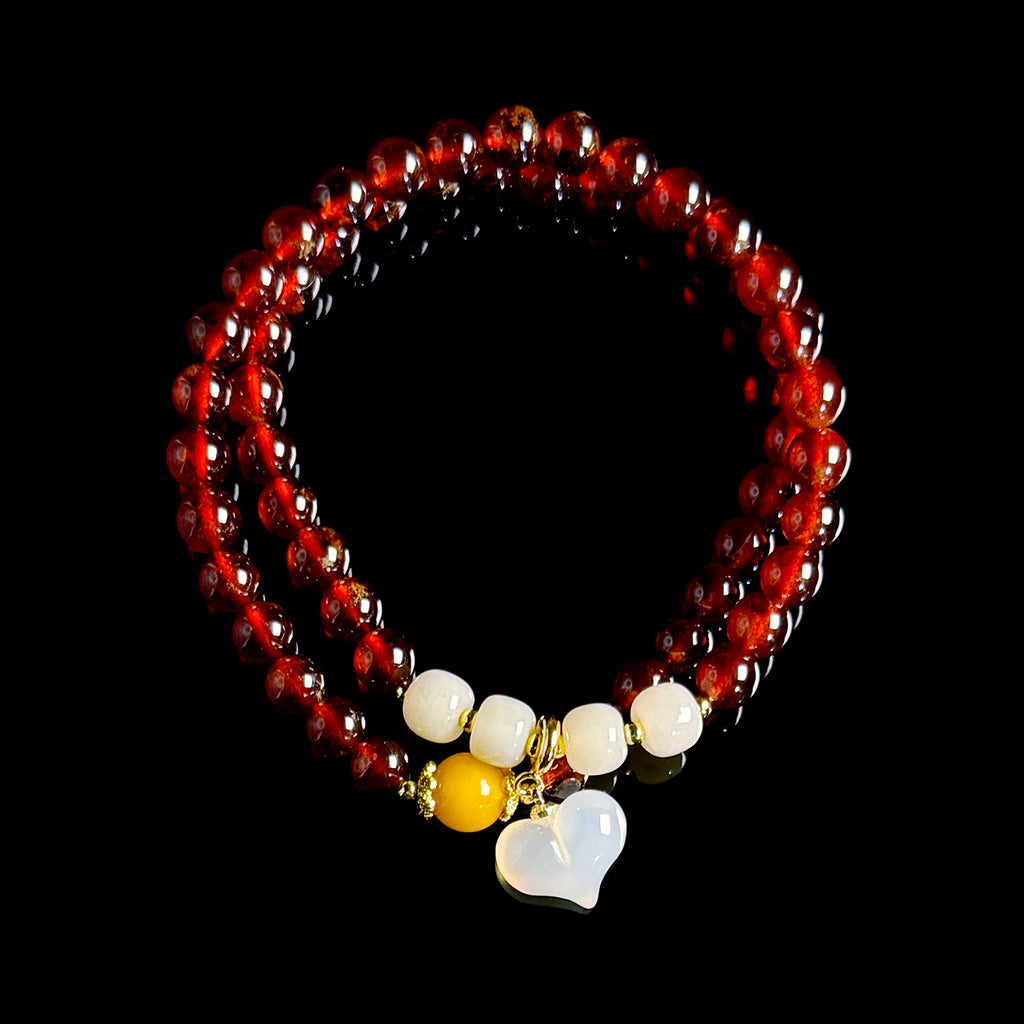White agate Heart shaped cute pendant, natural garnet bracelet #015