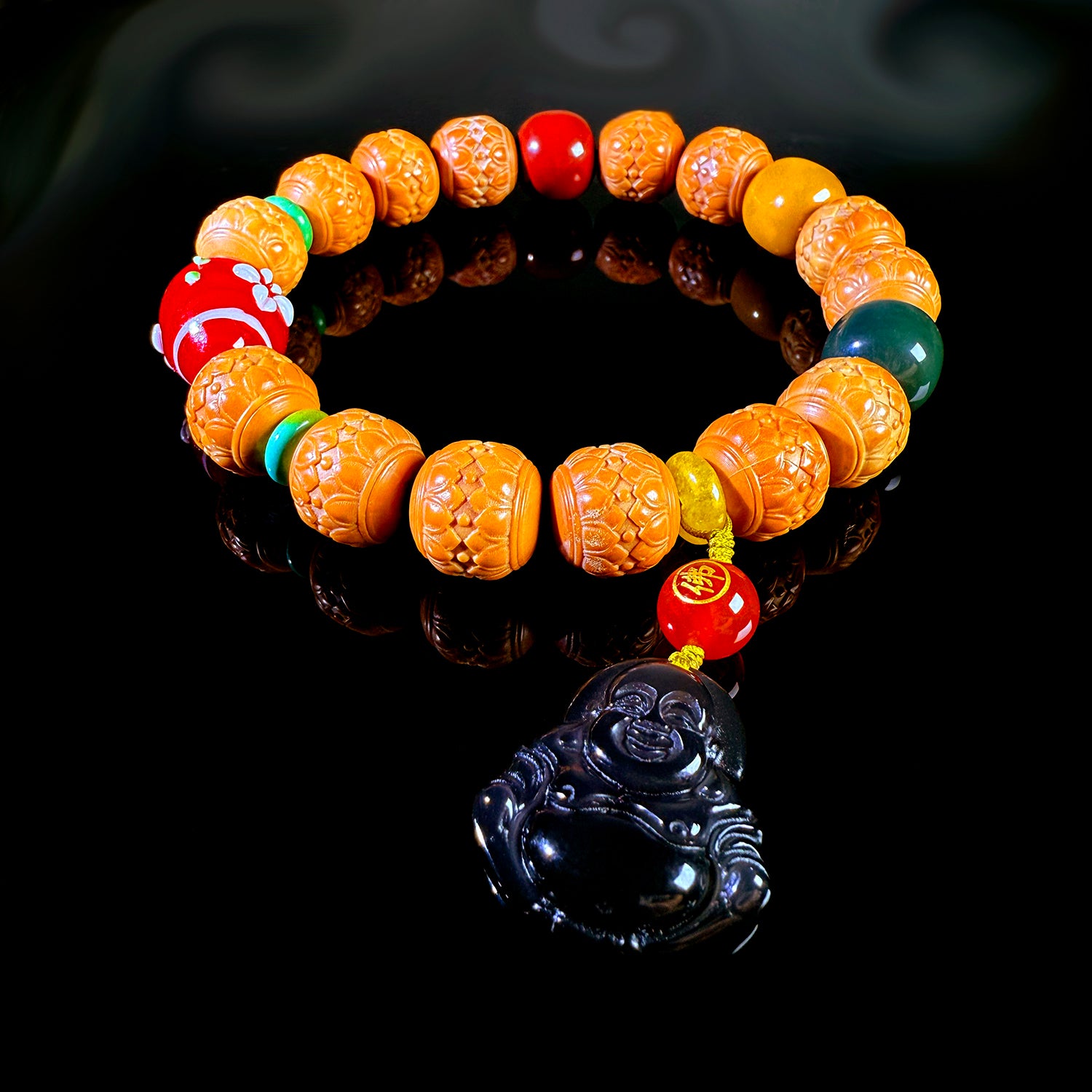 Natural Monkey Head Walnut Twin Lotus Carving Bracelet #032