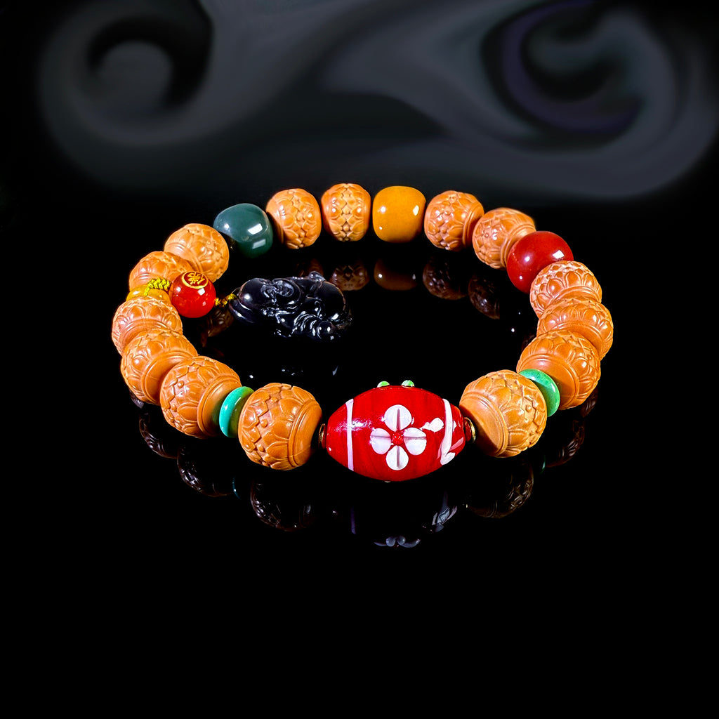 Natural Monkey Head Walnut Twin Lotus Carving Bracelet #032