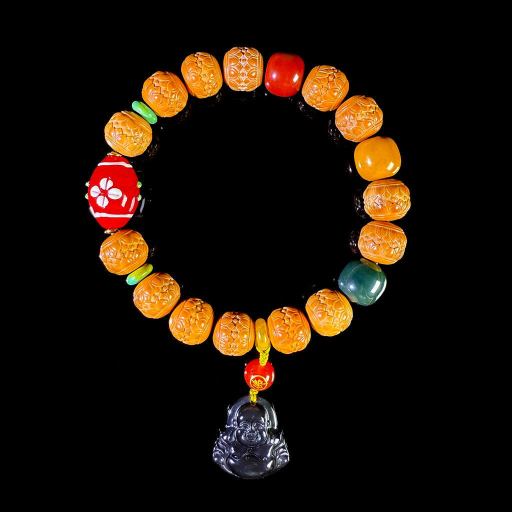 Natural Monkey Head Walnut Twin Lotus Carving Bracelet #032