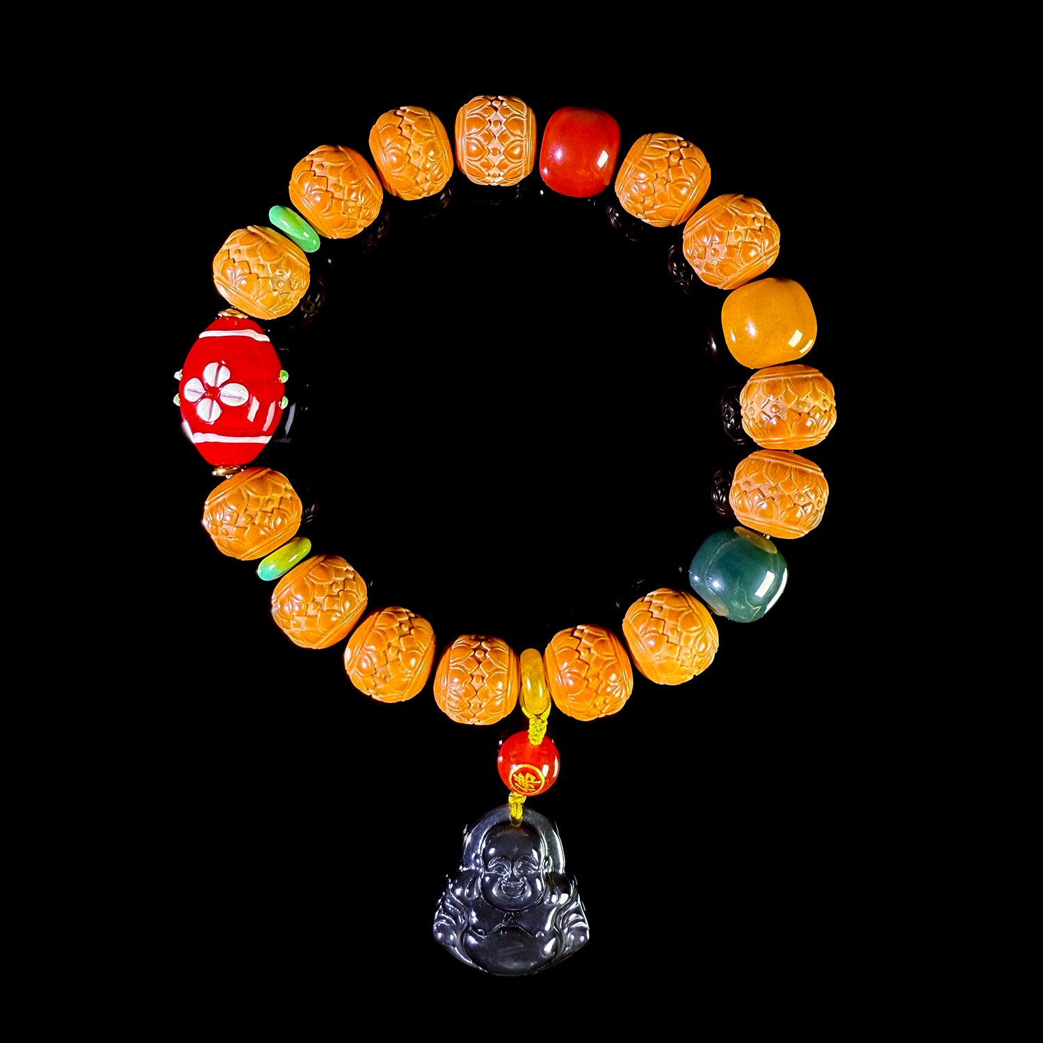 Natural Monkey Head Walnut Twin Lotus Carving Bracelet #032